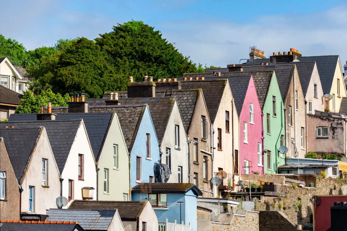 Colourful terraced houses with steep pitched roofs
