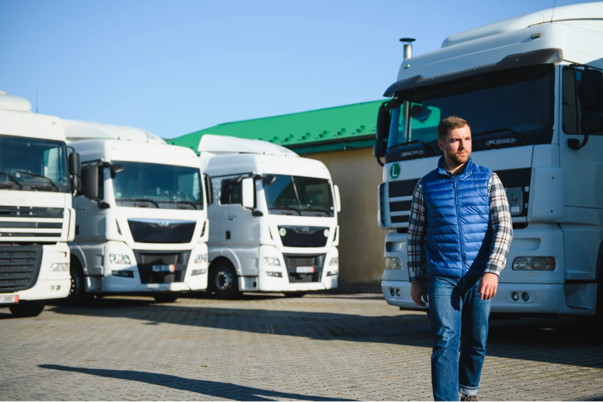 HGV driver walking beside a fleet of white lorries at a transport depot