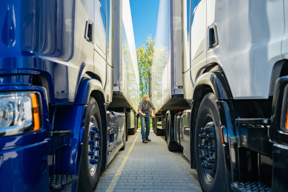Fleet maintenance worker inspecting commercial HGV lorries at a transport depot