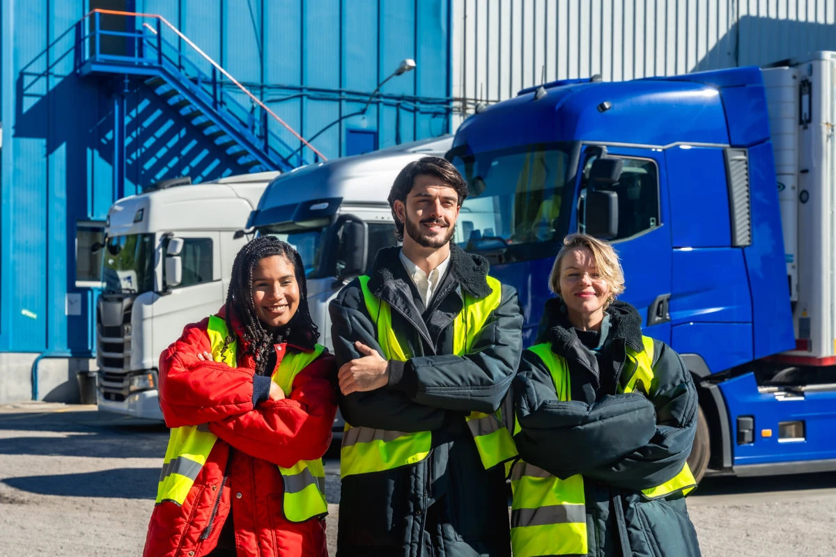Three haulage workers in high-visibility clothing standing in front of HGV lorries