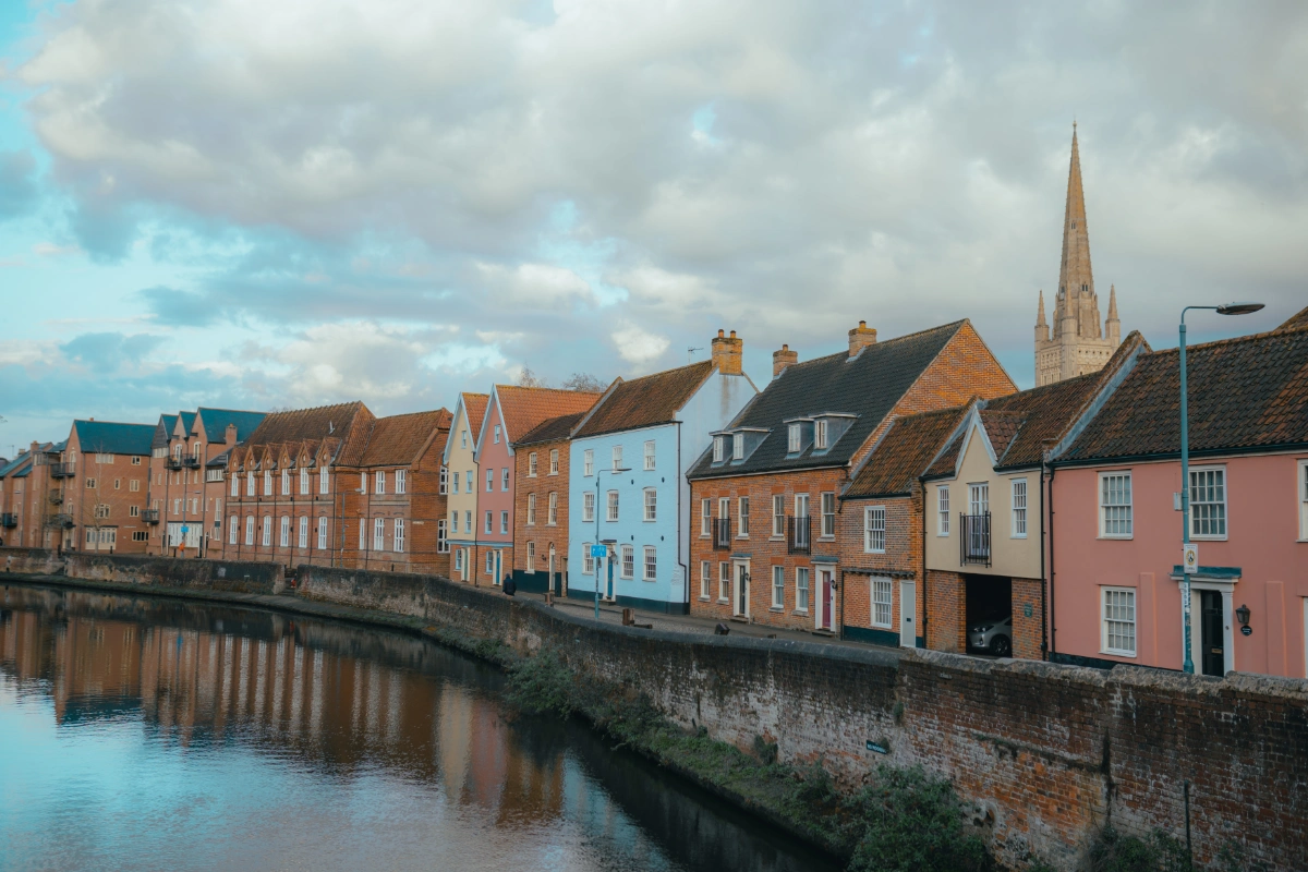Colourful riverside buildings beside the River Wensum in Norwich
