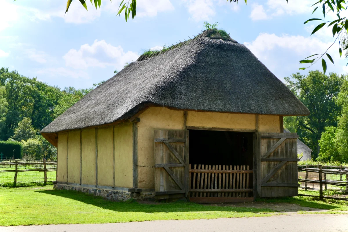 Traditional thatched rural barn with timber doors
