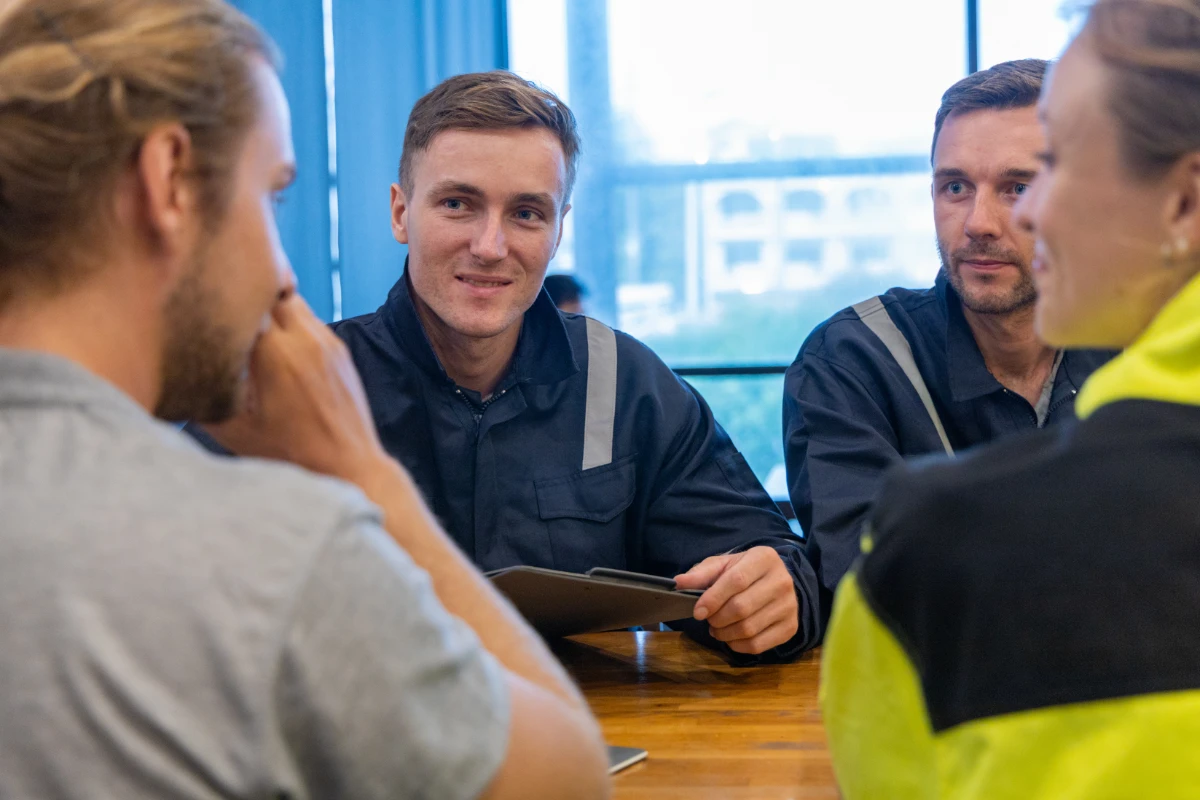 Transport and logistics team discussing operations during a workplace meeting